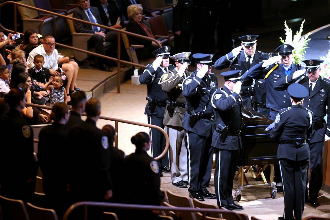 Honor guard salutes during funeral services for Las Vegas Corrections Officer Kyle Eng at Canyon Ridge Christian Church Monday, July 20, 2018. K.M. Cannon Las Vegas Review-Journal @KMCannonPhoto