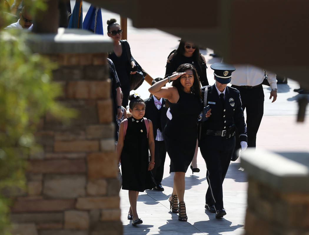 Arlyn Eng, wife of Kyle Eng, arrives at funeral services for her husband, Las Vegas Corrections Officer Kyle Eng, at Canyon Ridge Christian Church Monday, July 20, 2018. K.M. Cannon Las Vegas Revi ...