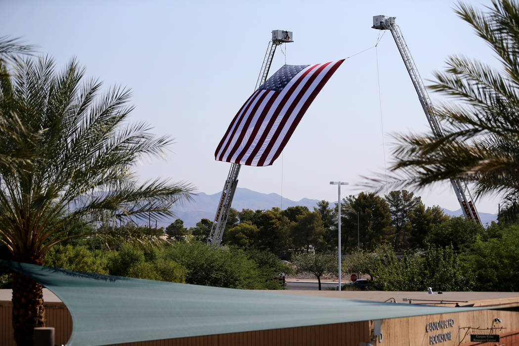 The American flag flies during funeral services for Las Vegas Corrections Officer Kyle Eng at Canyon Ridge Christian Church Monday, July 20, 2018. K.M. Cannon Las Vegas Review-Journal @KMCannonPhoto