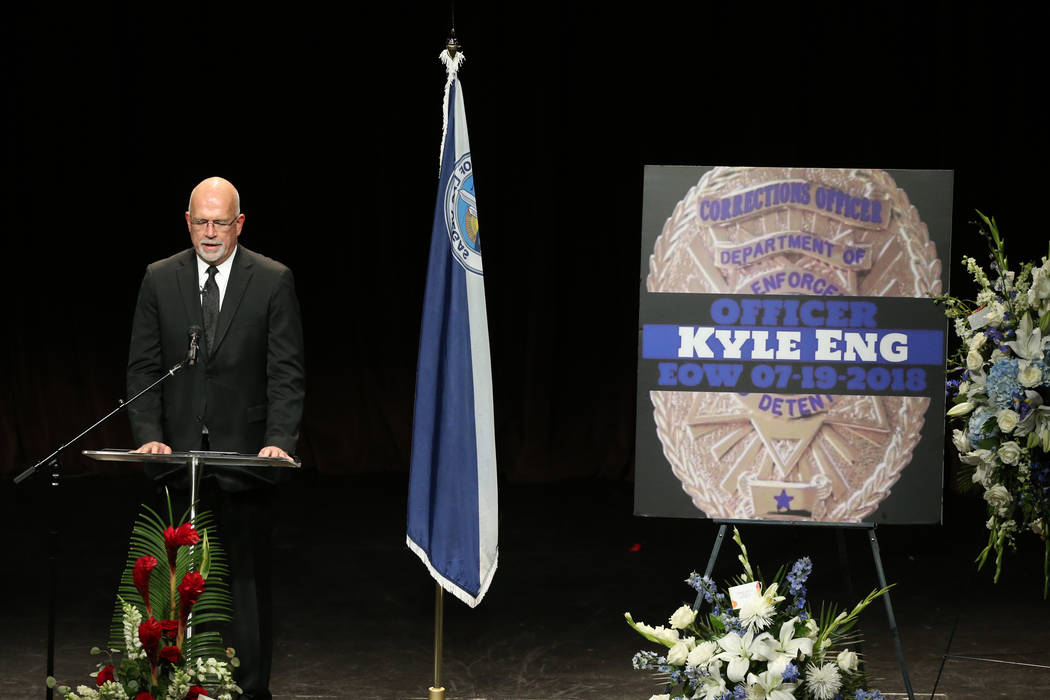 Pastor Kevin Odor says a prayer during funeral services for Las Vegas Corrections Officer Kyle Eng at Canyon Ridge Christian Church Monday, July 20, 2018. K.M. Cannon Las Vegas Review-Journal @KMC ...