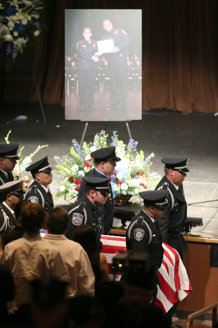 Pallbearers carry the casket during funeral services for Las Vegas Corrections Officer Kyle Eng at Canyon Ridge Christian Church Monday, July 20, 2018. K.M. Cannon Las Vegas Review-Journal @KMCann ...