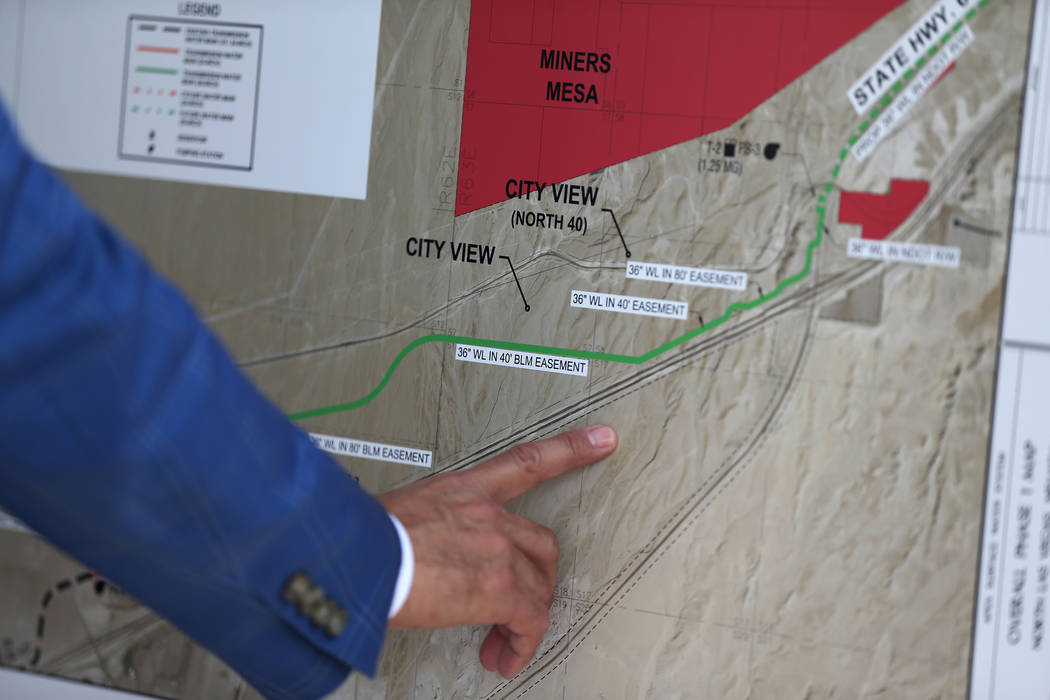 A map displays the route for a water pipeline during ceremonies to begin construction in North Las Vegas, Tuesday, July 31, 2018. The pipeline will provide water for industrial development in Apex ...