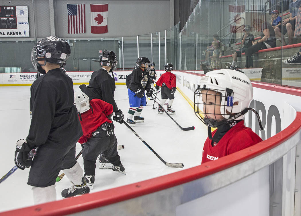 Members of the Lil' Knights youth hockey program practice on Monday, July 30, 2018, at City National Arena, in Las Vegas. Benjamin Hager Las Vegas Review-Journal @benjaminhphoto