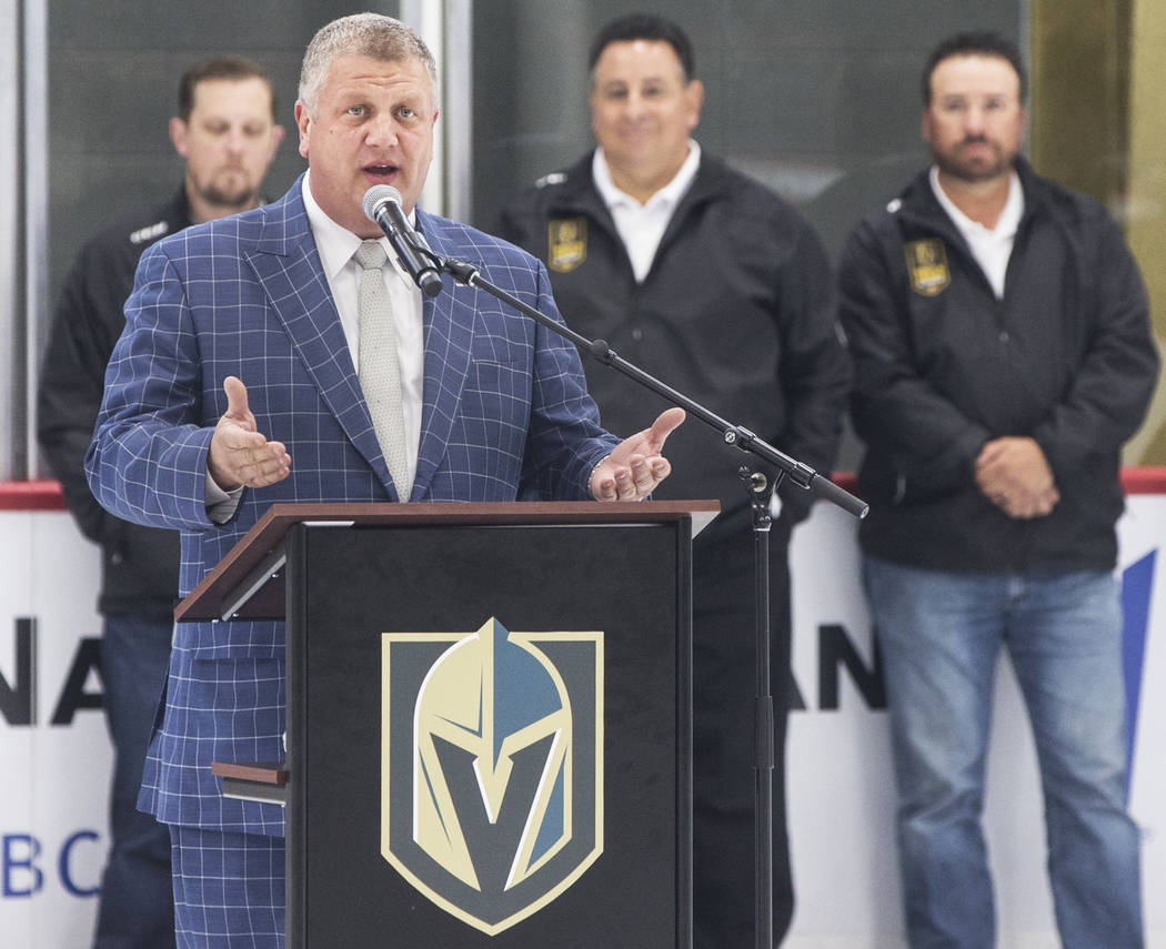 D Las Vegas CEO Derek Stevens speaks during a press conference to announce his partnership with the Golden Knights youth hockey program on Monday, July 30, 2018, at City National Arena, in Las Veg ...