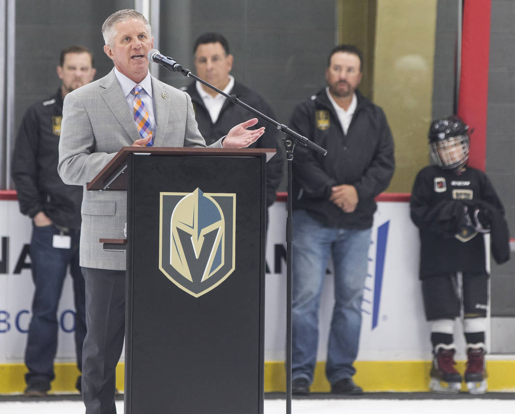 Golden Knights President Kerry Bubolz discusses the team's partnership with D Las Vegas CEO Derek Stevens to form the Lil' Knights youth hockey program during a press conference on Monday, July 30 ...
