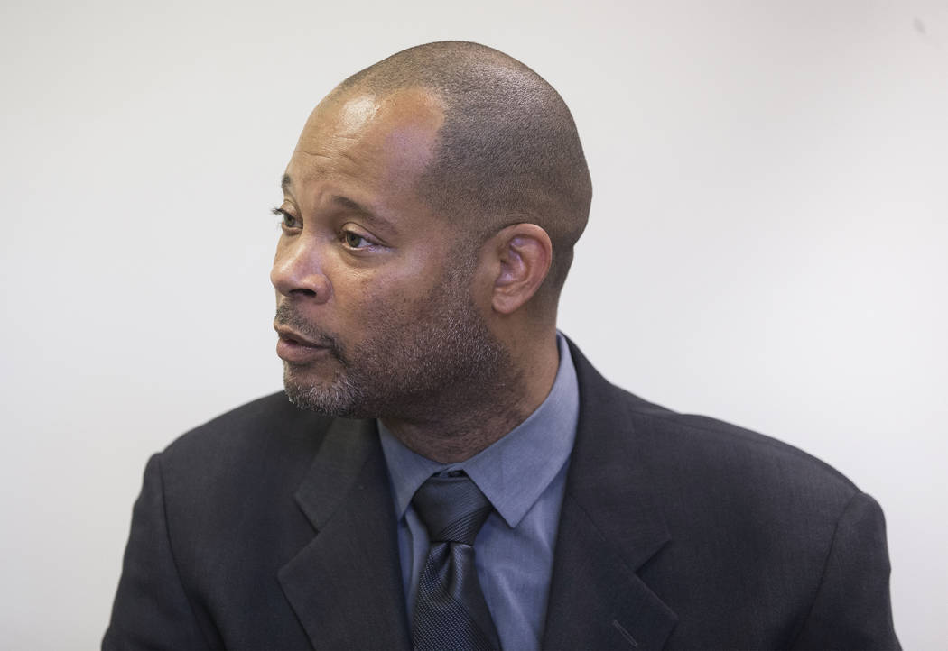 Nevada Senate Majority Leader Aaron Ford, the Democratic candidate for state attorney general, discusses the circumstances of his past arrests on Friday, July 27, 2018, at the Clark County Democra ...