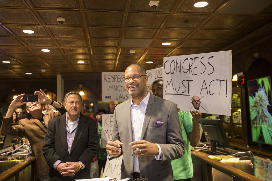 Senate Majority Leader Aaron Ford, D-Las Vegas, speaks to the press in response to Jeff Sessions' move to lift an Obama-era policy that provided protections that allowed marijuana businesses to f ...