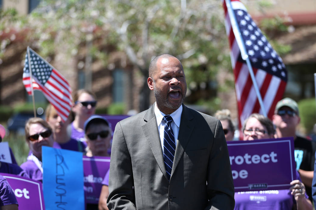 Senate Majority Leader Aaron Ford speaks during a rally hosted by the Nevada Democrats and NARAL to protest the Supreme Court pick outside of the office building of U.S. Sen. Dean Heller, R-Nev., ...