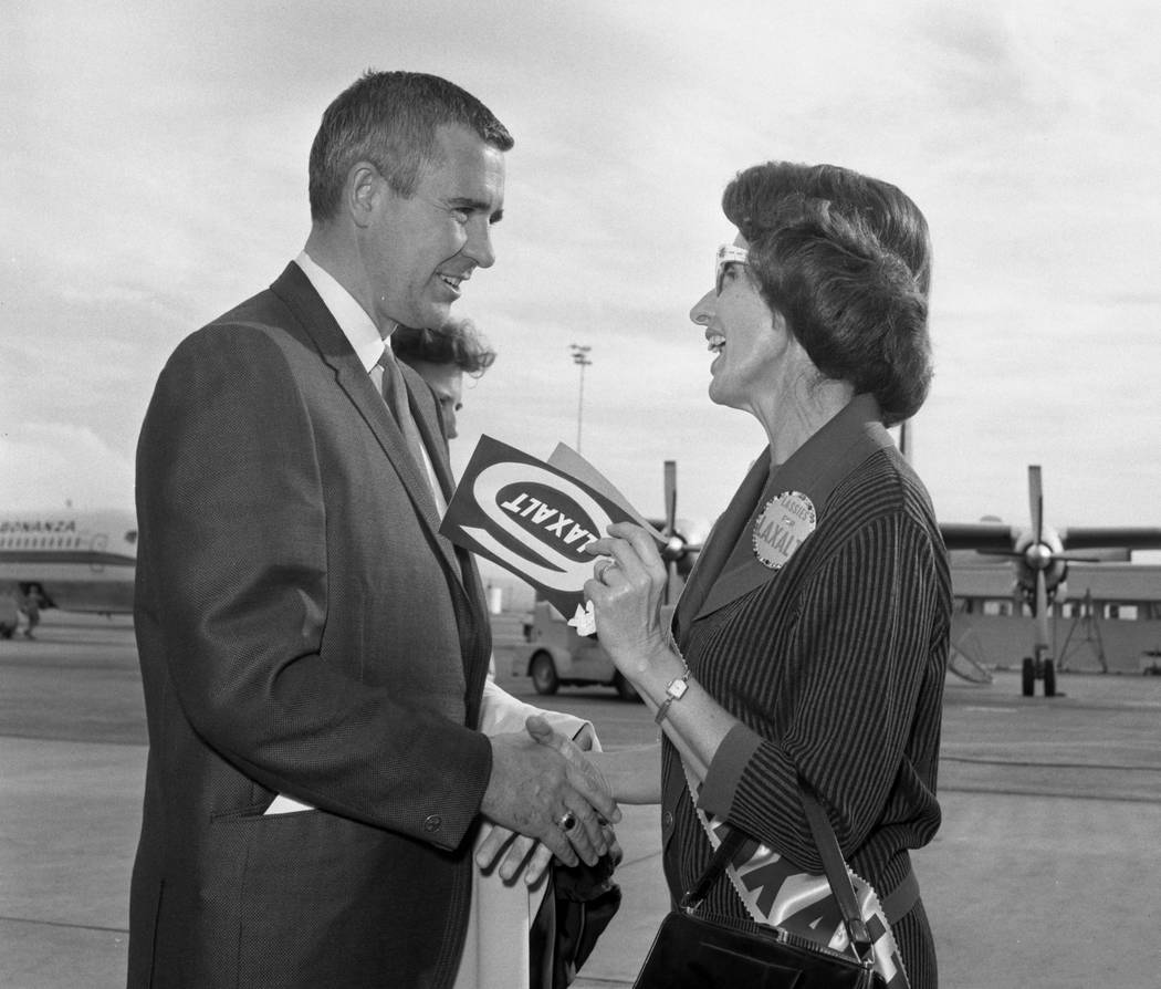 Governor Paul Laxalt is greeted by about 100 women in the "Lassies for Laxalt" election organization as he arrives at McCarran International Airport in 1966. (Las Vegas Review-Journal file photo)