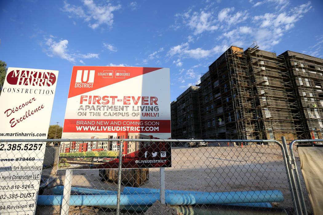 Construction continues on The Degree apartments at the corner of South Maryland Parkway and Cottage Grove Avenue on the UNLV campus Thursday, July 2, 2018. K.M. Cannon Las Vegas Review-Journal @KM ...