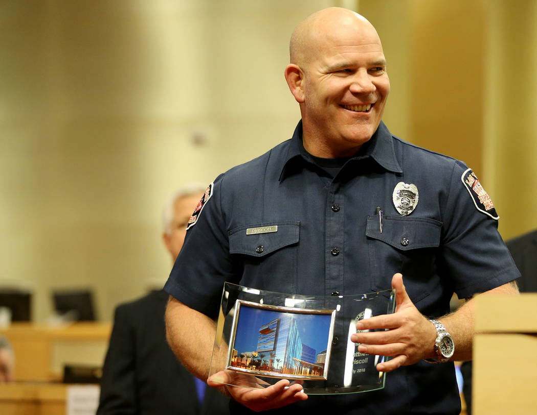 Las Vegas paramedic Matthew Driscoll is recognized as the employee of the month, during a city council meeting at Las Vegas City Hall in Las Vegas, Wednesday, Aug. 1, 2018. Erik Verduzco Las Vegas ...