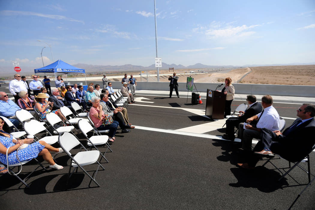 Nevada Department of Transportation Deputy Director for Southern Nevada Tracy Larkin-Thomason speaks during a ceremony marking the opening of Tropical Parkway connector to the Interstate 15 and th ...