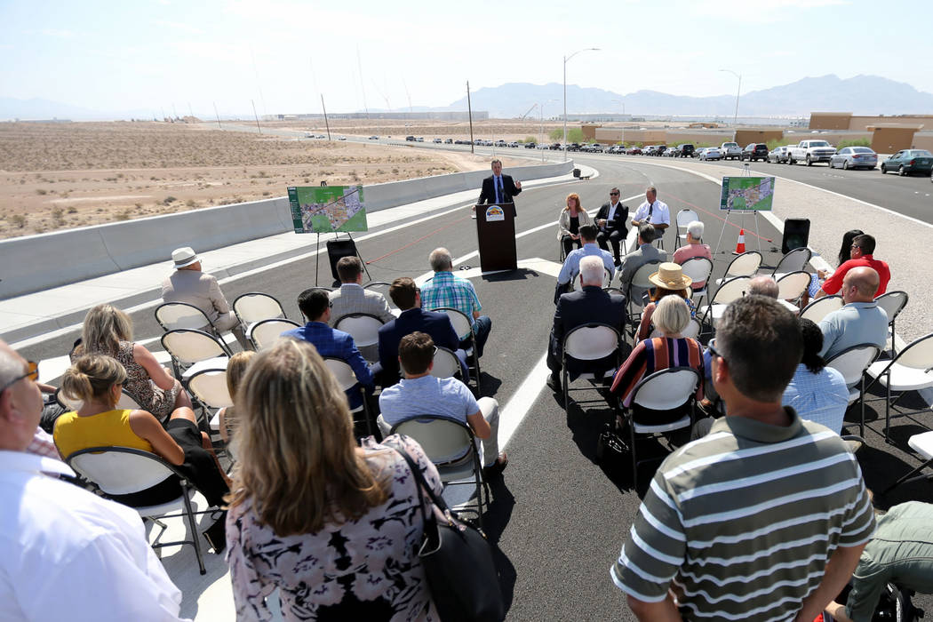 North Las Vegas City Manager Ryann Juden speaks during a ceremony marking the opening of Tropical Parkway connector to the Interstate 15 and the Las Vegas Beltway in North Las Vegas Thursday, Aug. ...