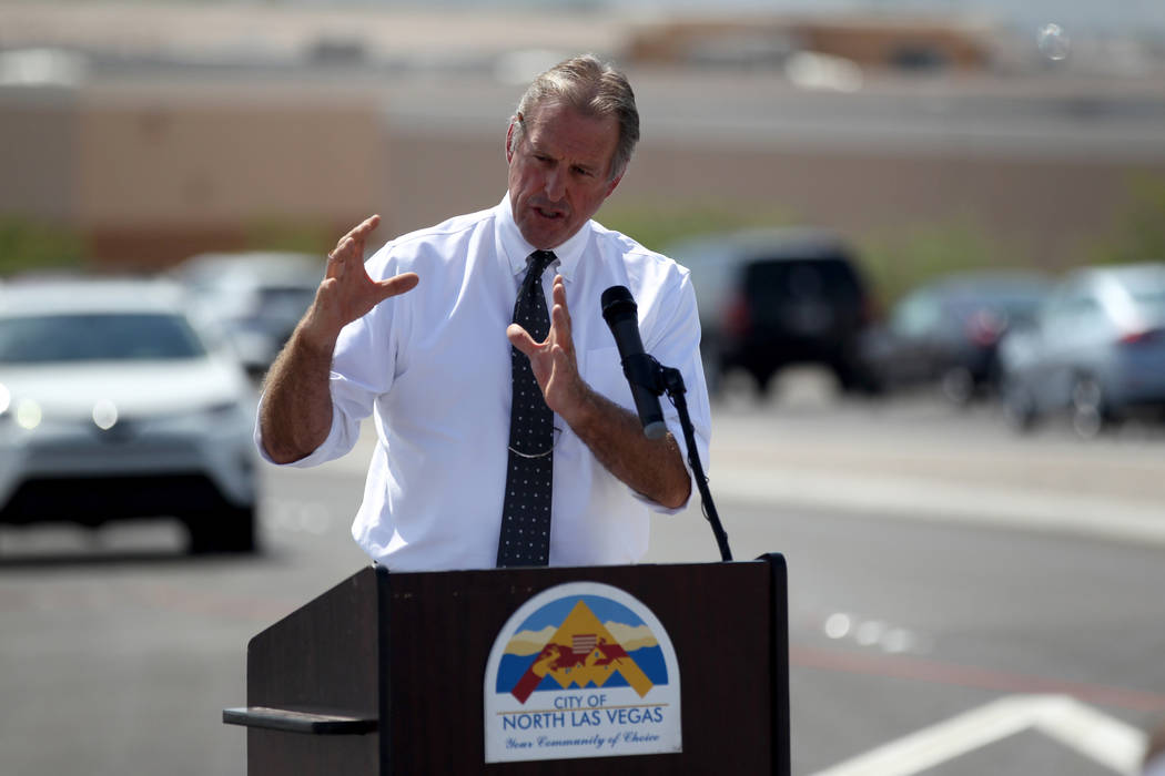 North Las Vegas Mayor John Lee speaks during a ceremony marking the opening of Tropical Parkway connector to the Interstate 15 and the Las Vegas Beltway in North Las Vegas Thursday, Aug. 2, 2018. ...