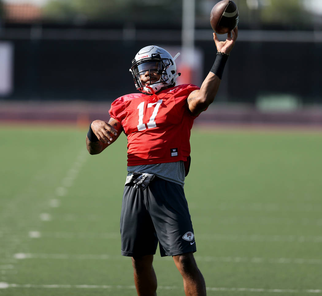 UNLV strong safety Evan Austrie (17) tosses the ball back to the coach after a drill during practice at Rebel Park on the UNLV campus Monday, Aug. 6, 2018. K.M. Cannon Las Vegas Review-Journal @KM ...