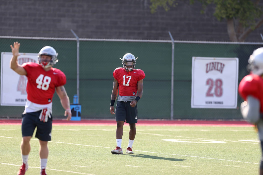 UNLV strong safety Evan Austrie (17) during practice at Rebel Park on the UNLV campus Monday, Aug. 6, 2018. K.M. Cannon Las Vegas Review-Journal @KMCannonPhoto