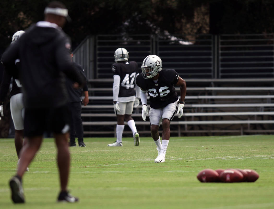 Oakland Raiders cornerback Daryl Worley (36) goes through a drill at the team's NFL training camp in Napa, Calif., Sunday, July 29, 2018. Heidi Fang Las Vegas Review-Journal @HeidiFang