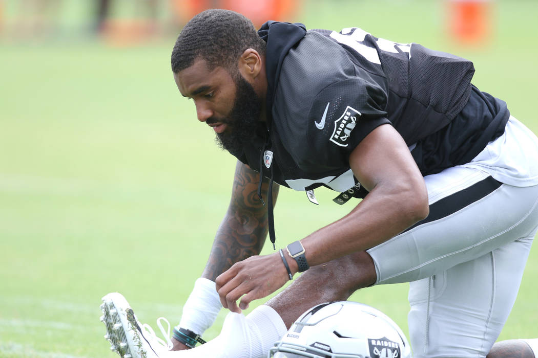 Oakland Raiders cornerback Daryl Worley (36) stretches at the team's NFL training camp in Napa, Calif., Sunday, July 29, 2018. Heidi Fang Las Vegas Review-Journal @HeidiFang