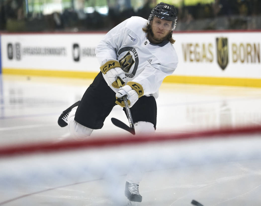 Vegas Golden Knights center William Karlsson (71) shoots the puck during a team practice at City National Arena in Las Vegas on Saturday, May 26, 2018. Richard Brian Las Vegas Review-Journal @vega ...