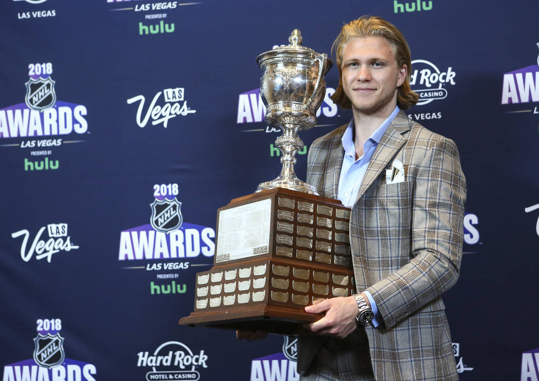William Karlsson of the Golden Knights poses with the Lady Byng Trophy during the NHL Awards at the Hard Rock Hotel in Las Vegas on Wednesday, June 20, 2018. Chase Stevens Las Vegas Review-Journal ...