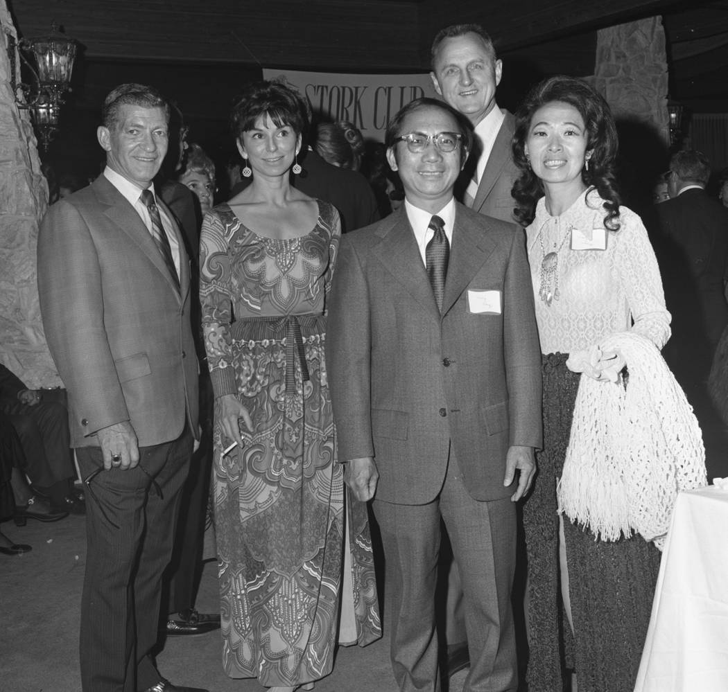 Left to right, Dr. and Mrs. Robert Balin, Mr. and Mrs. Wing Fong and Dr. Harold Boyer, back, at a dinner dance to honor Dr. Sol T. DeLee at the Las Vegas Country Club.