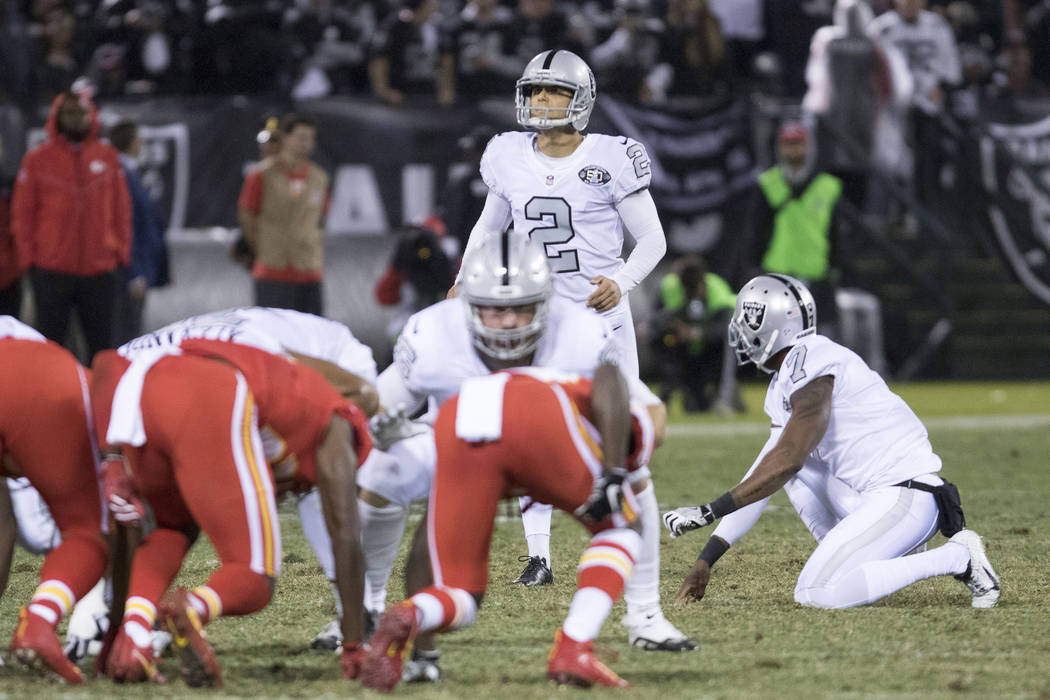 Oakland Raiders kicker Giorgio Tavecchio (2) attempts to score a field goal before the end of first half of their game against the Kansas City Chiefs in Oakland, Calif., Thursday, Oct. 19, 2017. H ...