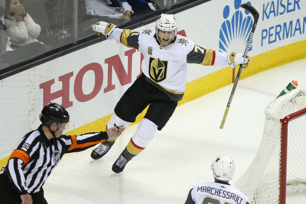 Vegas Golden Knights center William Karlsson (71) celebrates his score during overtime in Game 3 of an NHL hockey second-round playoff series at the SAP Center in San Jose, Calif, Monday, April 30 ...