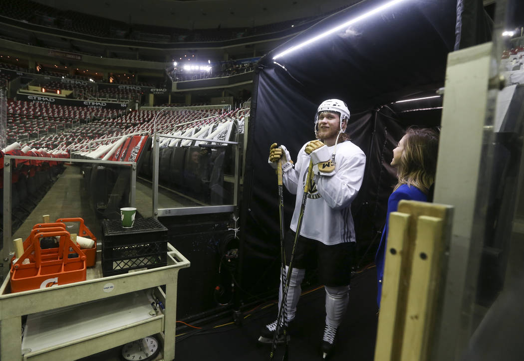 Golden Knights center William Karlsson (71) stands before the start of practice ahead of Game 3 of the Stanley Cup Final against the Washington Capitals at Capital One Arena in Washington on Satur ...