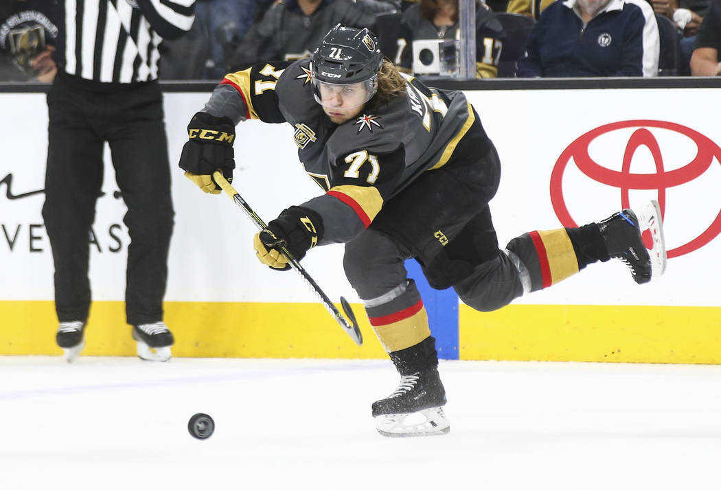 Golden Knights center William Karlsson (71) passes the puck to a teammate during the first period of Game 2 of an NHL hockey second-round playoff series against the San Jose Sharks at T-Mobile Are ...