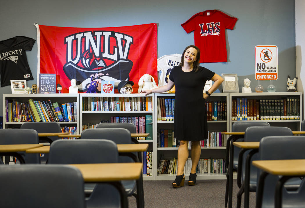 Liberty High School teacher Jessica Maleskey poses for a portrait in her classroom in Henderson on Thursday, Aug. 2, 2018. Class sizes have increased due to Clark County School District budget cut ...