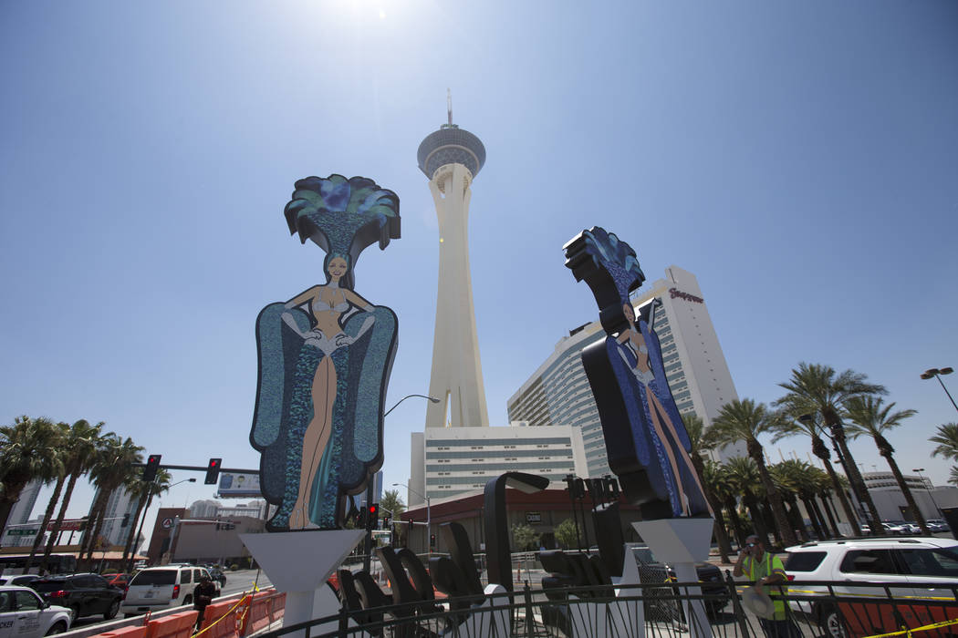 A new city of Las Vegas sign, complete with two showgirls and a roulette table, has been built at the corner of Las Vegas Boulevard and Main Street in downtown Las Vegas on Monday, Aug. 6, 2018. R ...