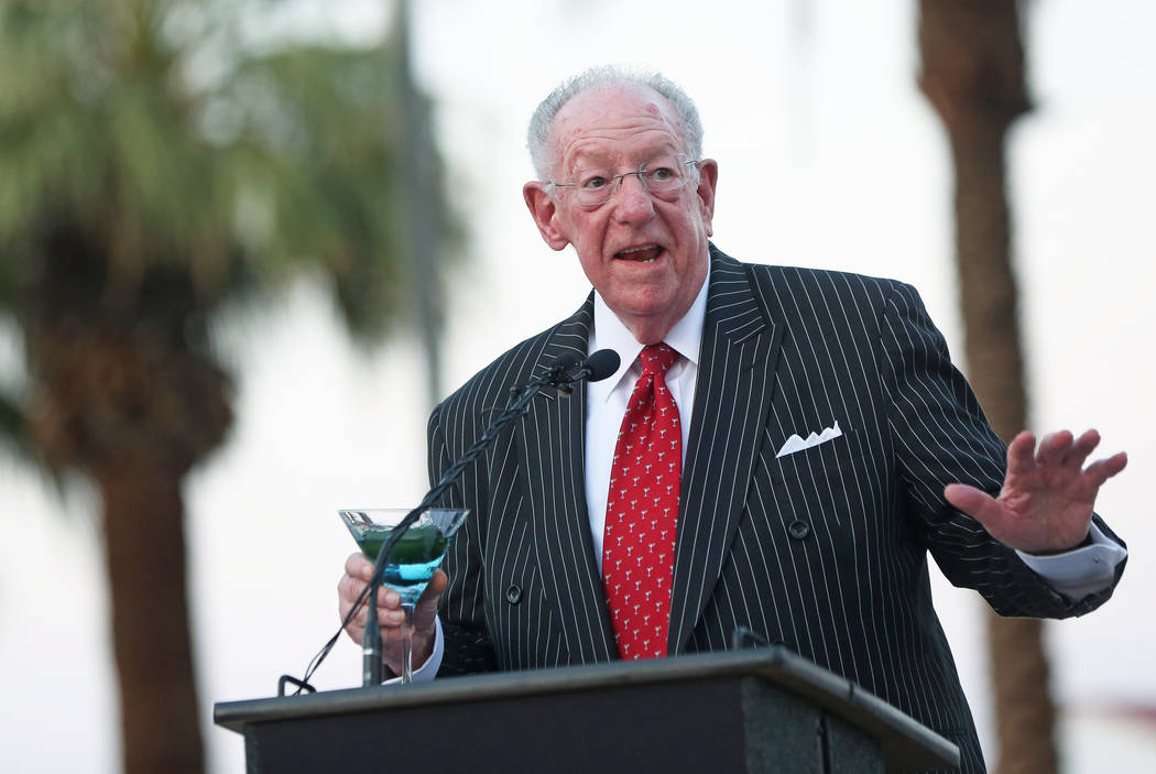 Former Las Vegas Mayor Oscar Goodman speaks during a dedication ceremony for the new city of Las Vegas sign greeting visitors heading north on Las Vegas Boulevard near the Stratosphere on Tuesday, ...