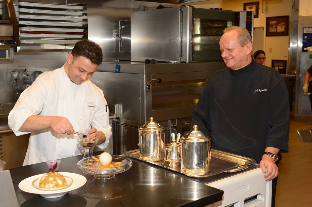 In the kitchen with Joёl Robuchon, at Joёl Robuchon in Las Vegas' MGM hotel. (Courtesy photo by Bryan Steffy.)