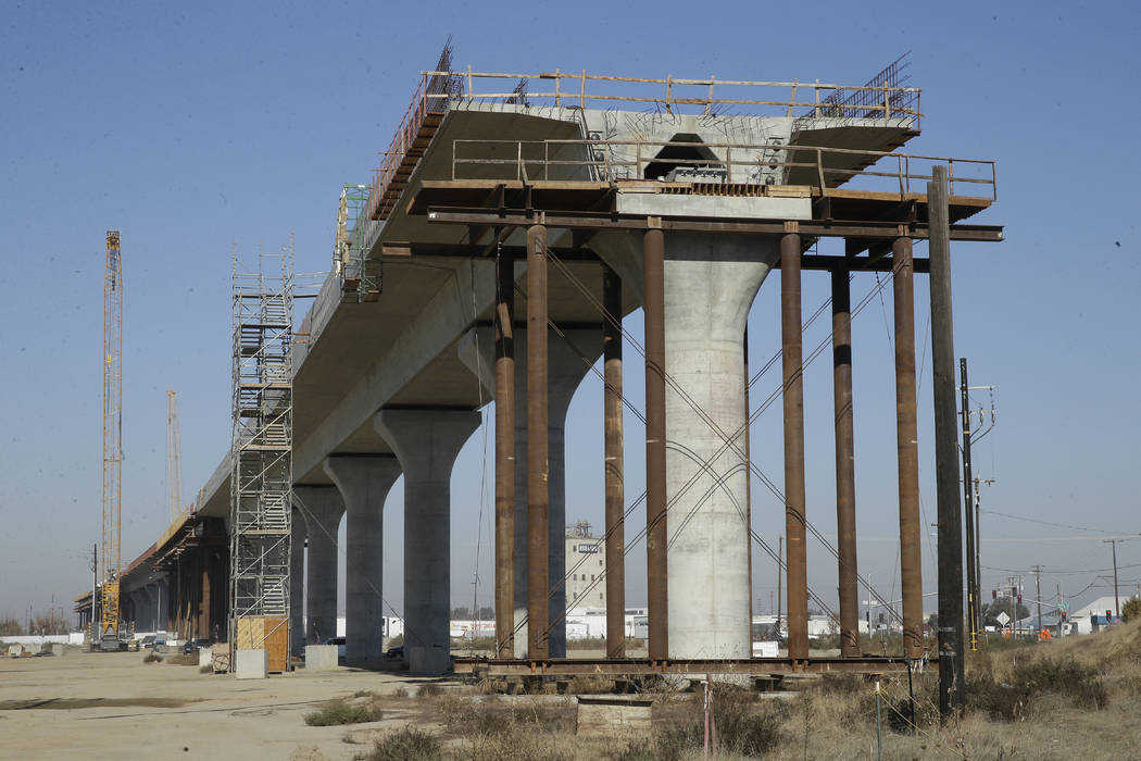 In this Wednesday, Dec. 6, 2017 file photo, is one of the elevated sections of the high-speed rail under construction in Fresno, Calif. (AP Photo/Rich Pedroncelli, file)