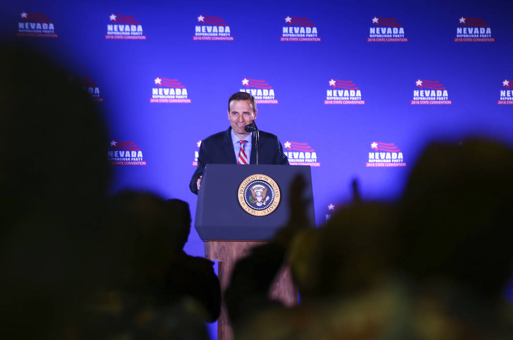 Attorney General Adam Laxalt, Republican candidate for Nevada governor, speaks ahead of President Donald Trump's keynote address at the Nevada Republican Party State Convention at the Suncoast in ...