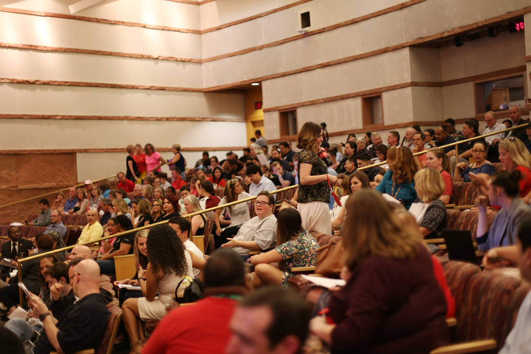 A full house at the Clark County School District board meeting at the Clark County Government Center in Las Vegas, Thursday, Aug. 9, 2018. Support staff came to address the board about poor wages ...