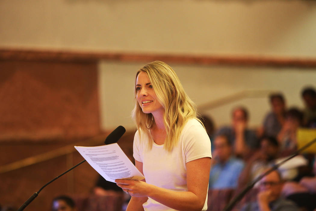 Stephanie Valdez speaks during public comment concerning the new transgender policy at a Clark County School District board meeting at the Clark County Government Center in Las Vegas, Thursday, Aug. ...