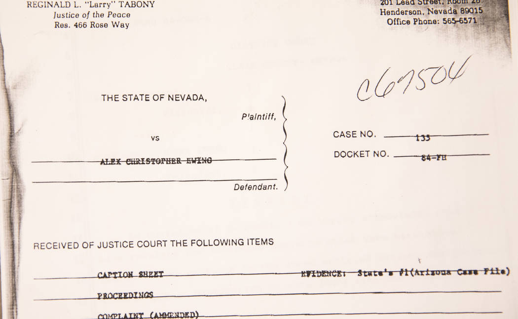 A case file from Alex Christopher Ewing's 1984 attempted murder case at the Regional Justice Center's evidence vault in downtown Las Vegas on Friday, Aug. 10, 2018. Richard Brian Las Vegas Review- ...
