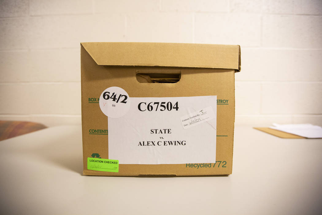 An evidence box from Alex Christopher Ewing's 1984 attempted murder case at the Regional Justice Center's evidence vault in downtown Las Vegas on Friday, Aug. 10, 2018. Richard Brian Las Vegas Rev ...