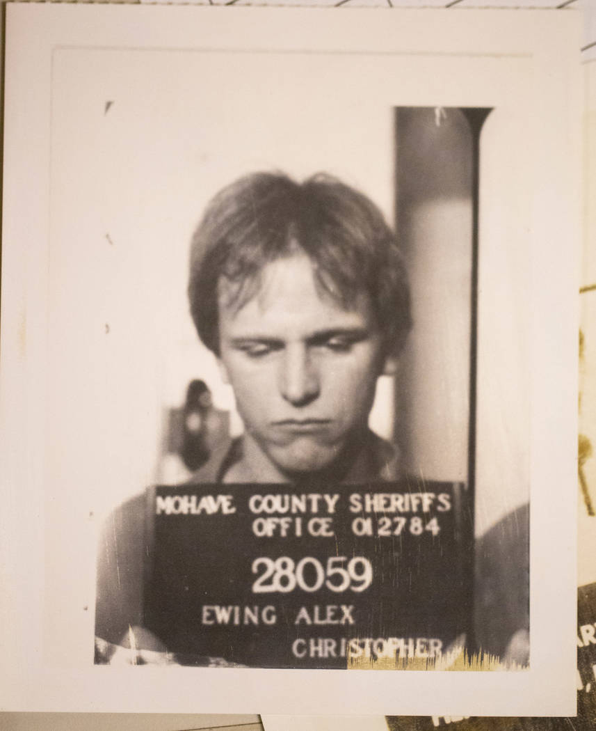 A mug shot of Alex Christopher Ewing from an evidence box from his 1984 attempted murder case at the Regional Justice Center's evidence vault in downtown Las Vegas on Friday, Aug. 10, 2018. Richar ...