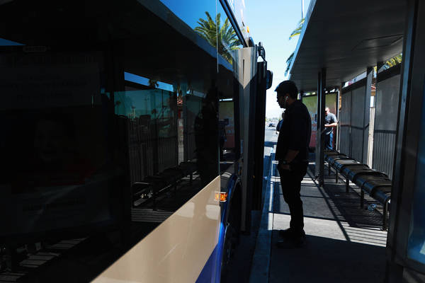 Folks ride the bus at the stop near the intersection of Flamingo Road and Maryland Parkway in Las Vegas on Friday, May 4, 2018. Andrea Cornejo Las Vegas Review-Journal @dreacornejo