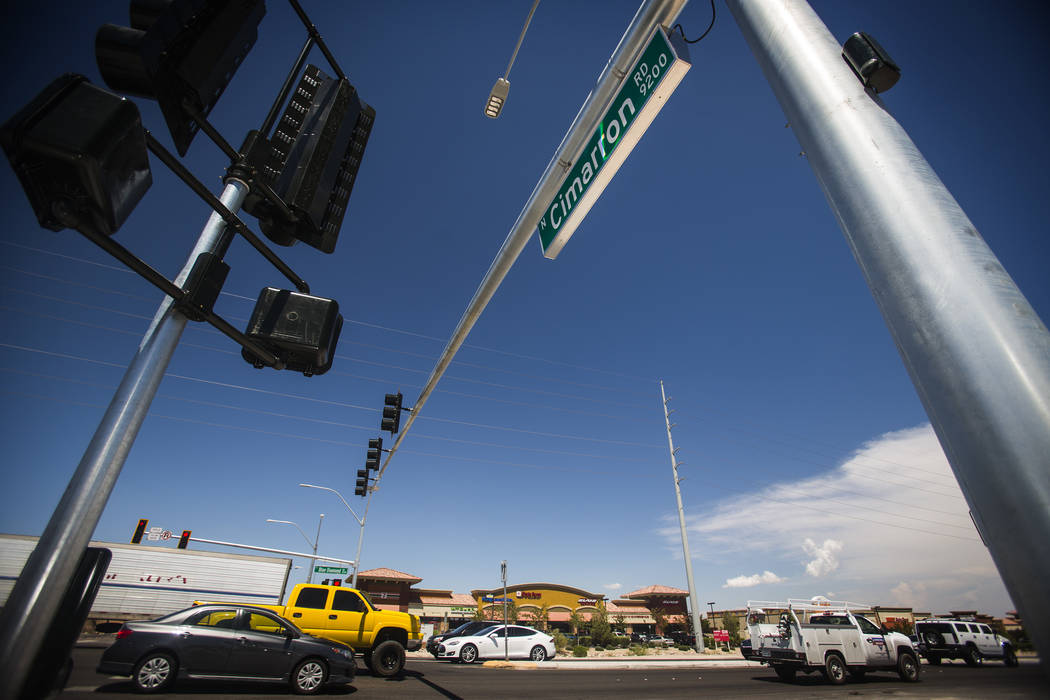 A traffic light at Cimarron Road and Blue Diamond Road as seen Thursday, Aug. 14, 2014. The Nevada Office of Traffic Safety is seeking a law to allow police to ticket drivers using traffic cameras ...
