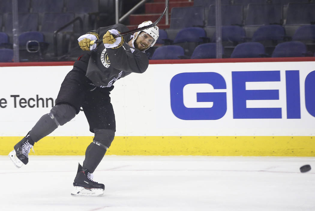 Golden Knights defenseman Shea Theodore (27) shoots during practice at Capital One Arena in Washington on Friday, June 1, 2018. The Golden Knights are slated to face the Washington Capitals in Gam ...