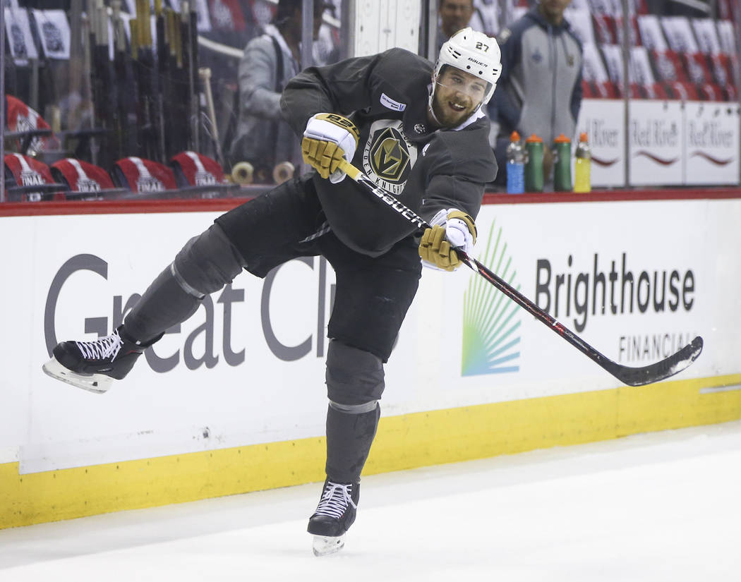 Golden Knights defenseman Shea Theodore (27) shoots during practice at Capital One Arena in Washington on Friday, June 1, 2018. The Golden Knights are slated to face the Washington Capitals in Gam ...