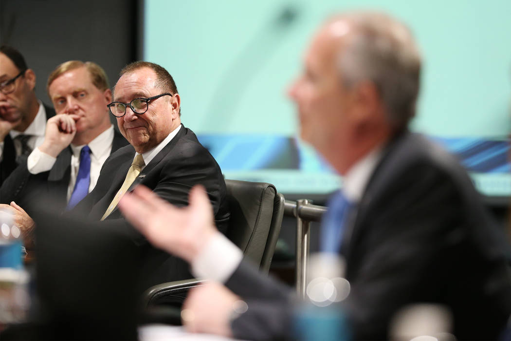 Retiring Las Vegas Convention and Visitors Authority CEO Rossi Ralenkotter, left, listens to Steve Hill, who was named the new CEO of the LVCVA, during a board meeting at the Las Vegas Convention ...
