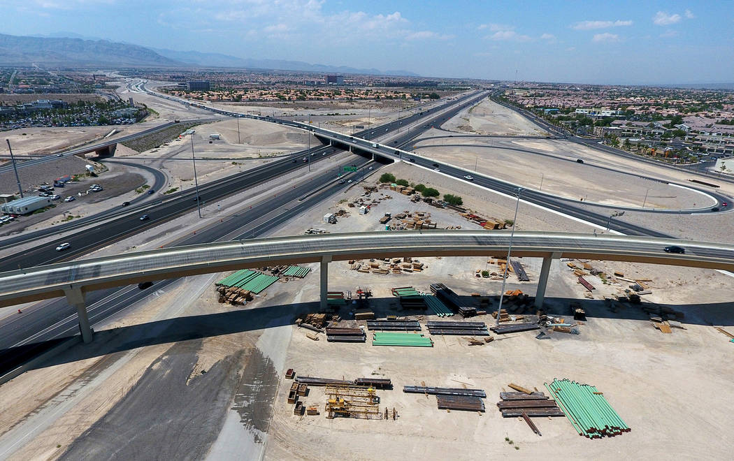 An aerial view of the Bruce Woodbury Beltway East transition overpass to U.S. Highway 95 South as seen on Monday, Aug. 13, 2018. Michael Quine Las Vegas Review-Journal @Vegas88s