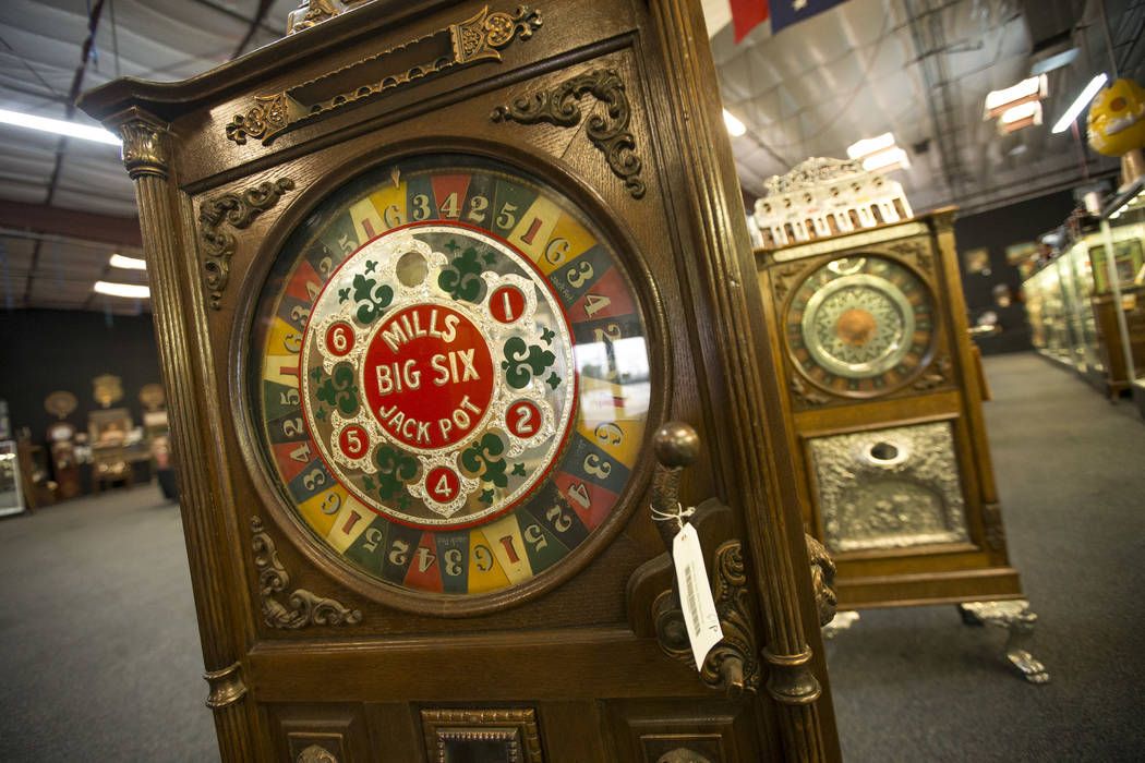 Vintage slot machines on display at the Morphy Auctions warehouse located at 4520 Arville Street in Las Vegas on Thursday, Aug. 16, 2018. Richard Brian Las Vegas Review-Journal @vegasphotograph