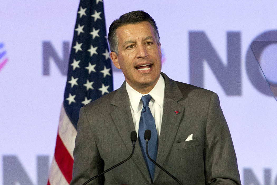 Gov. Brian Sandoval of Nevada speaks during the National Governor Association 2018 winter meeting on Saturday, Feb. 24, 2018, in Washington. (AP Photo/Jose Luis Magana)