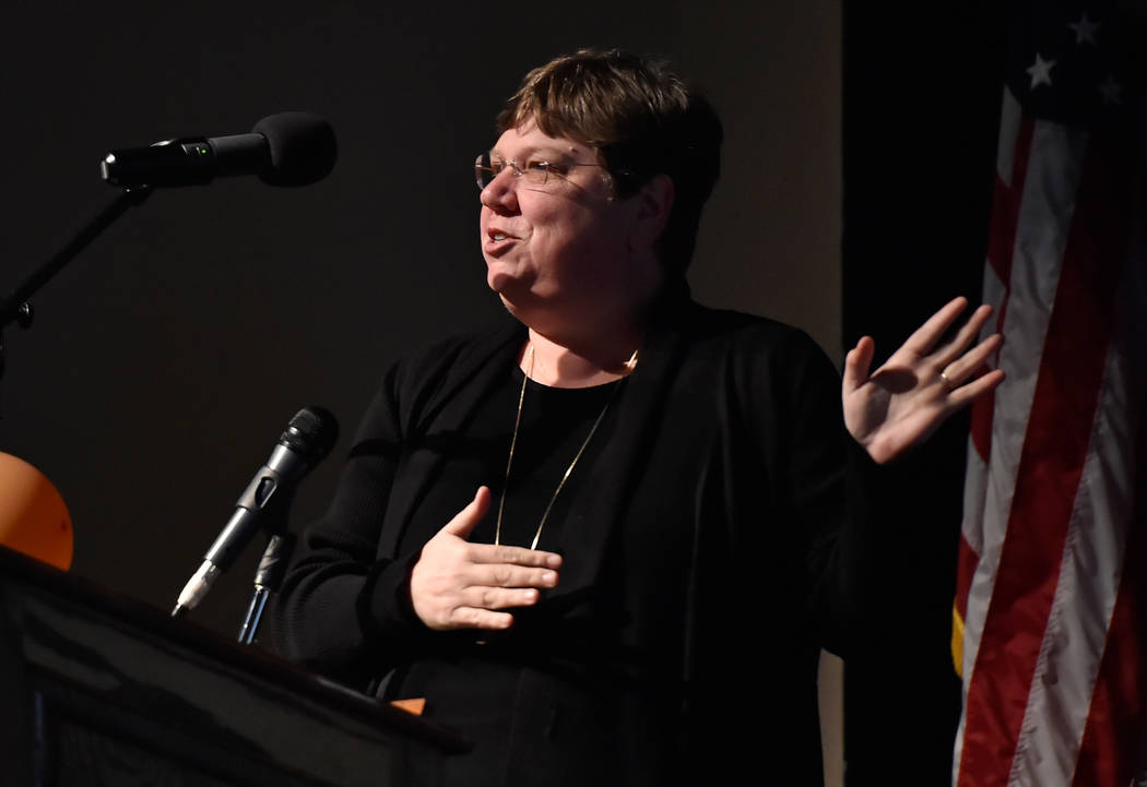 President of the Board of Trustees Deanna Wright speaks during the state of the schools presentation at Legacy High School Wednesday, March 21, 2018, in Las Vegas.(David Becker/Las Vegas Review-Jo ...