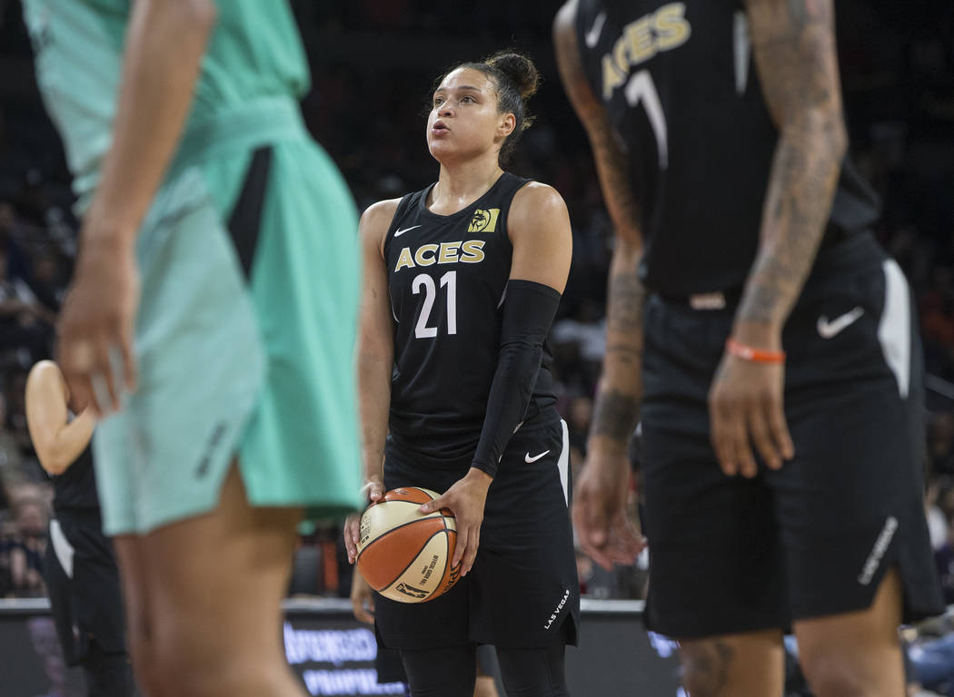 Aces guard Kayla McBride (21) shoots a free throw in the fourth quarter during Las Vegas' home matchup with the New York Liberty on Wednesday, Aug. 15, 2018, at the Mandalay Bay Events Center, in ...